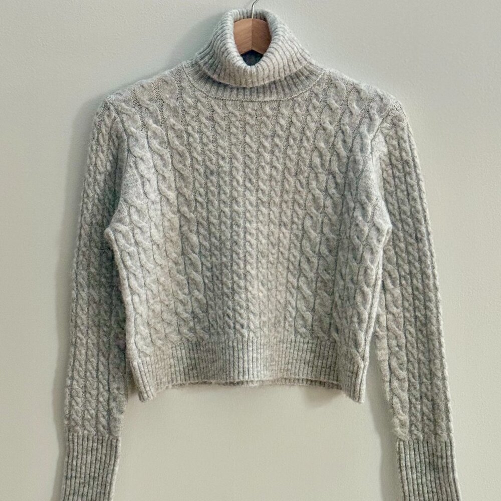 Blue Rain Women's Turtleneck Pullover Cable Knit Cropped Sweater, Gray, S, NWOT